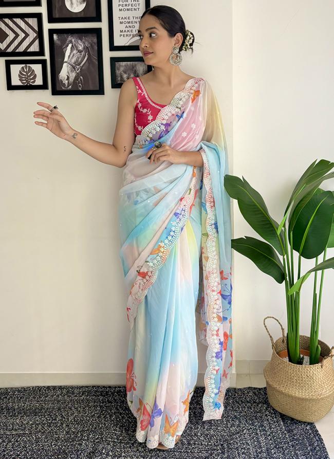 Georgette Sky Blue Casual Wear Printed Saree